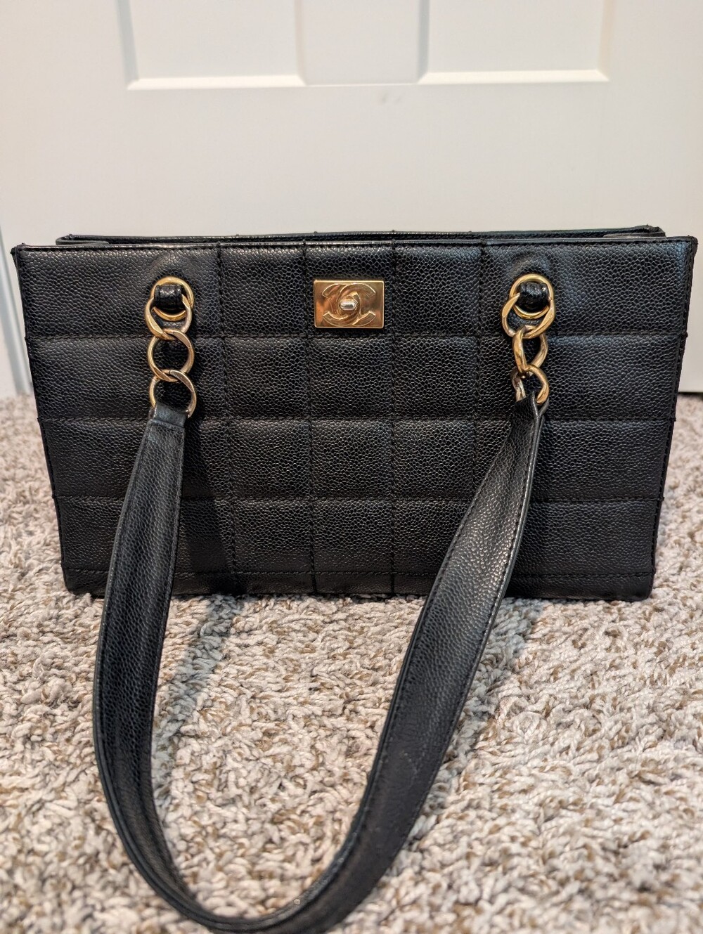 AUTH VINTAGE CHANEL Black Caviar Square Stitch Tote 24k Gold HW w/ Entrupy COA